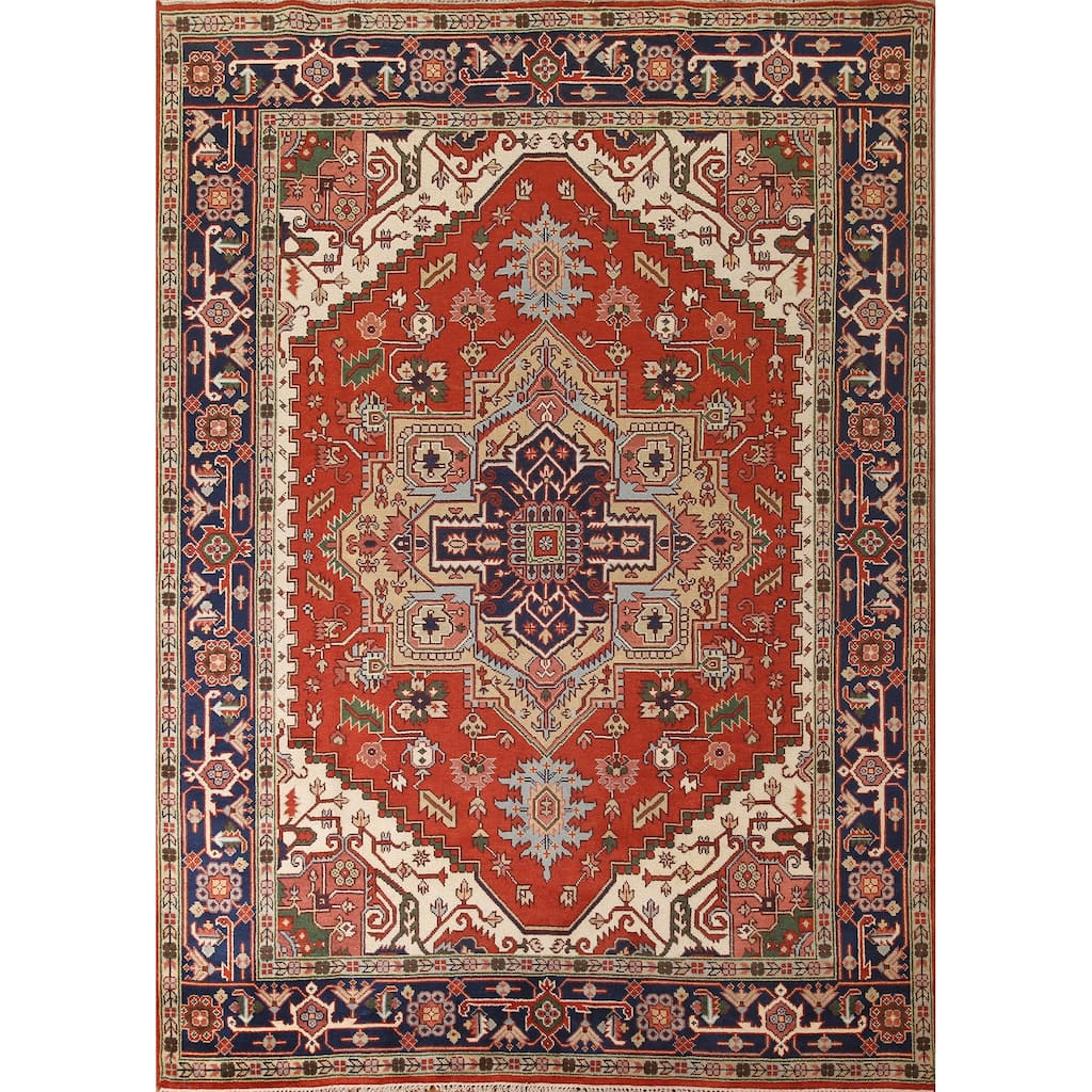 Orange Geometric Heriz Serapi Area Rug Handmade Oriental Wool Carpet - 9'0"x 11'8"