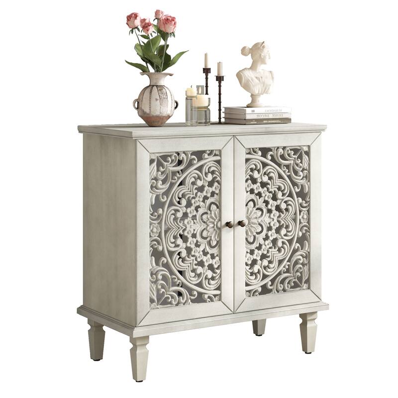 GDF Studio - Vintage Hollow-Carved Accent Cabinet, 2-Door Display Sideboard with Adjustable Shelf