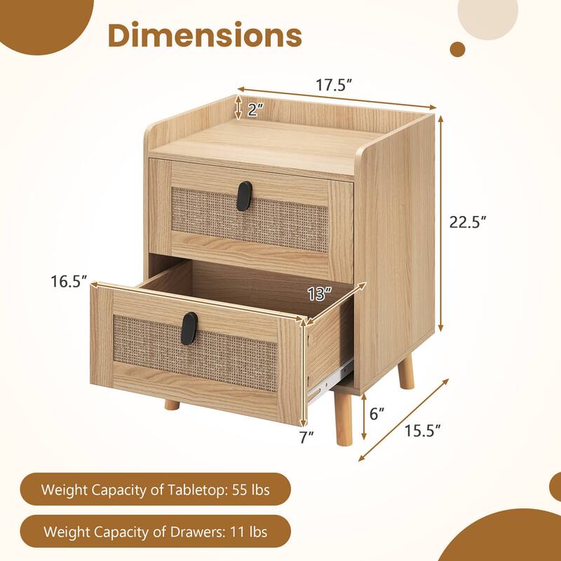 Costway Modern Nightstand End Bedside Table with 2 Rattan Drawers & - See Details