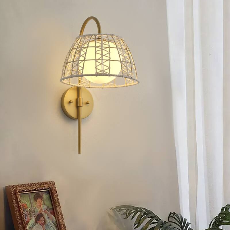 Aiwen Modern 1 Light Wall Sconce Painted Gold Finish White Woven Rattan Opal Acid Etched Glass Shade