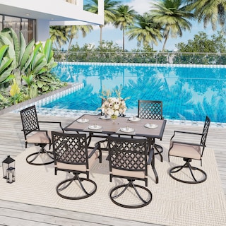 Outdoor Patio Dining Set with 6 Swivel Chairs and 1 Rectangular Umbrella Wood Like Table