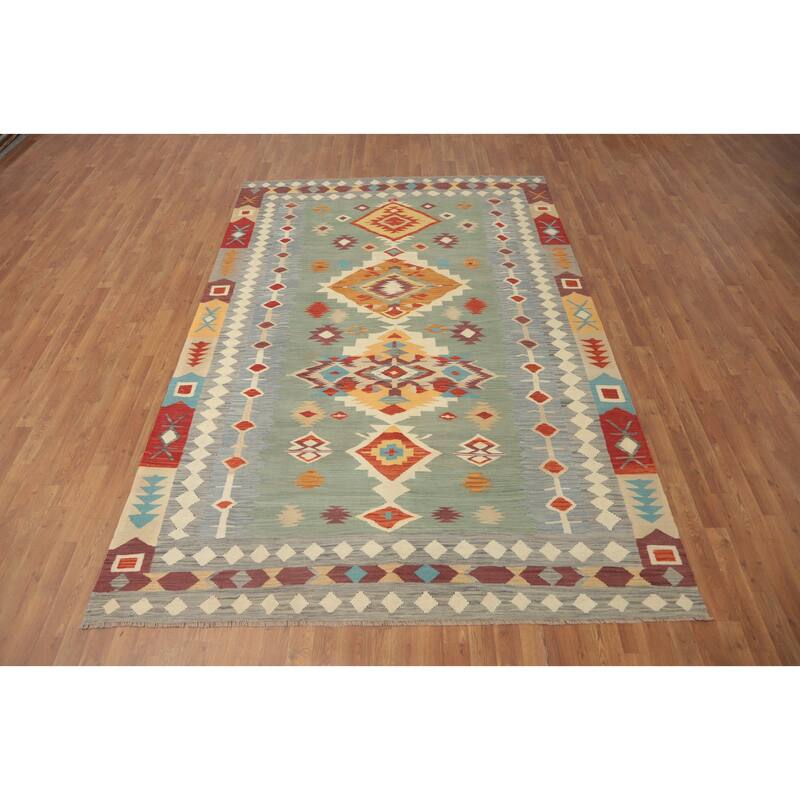 Hand Woven Oriental 100% Wool Carpet Southwestern Tribal Green Kilim Area Rug - 10' 0'' X 6' 9''