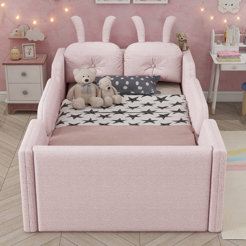 Twin Size Upholstered Platform Bed with Rabbit Cushion, Kids Floor Upholstered Bed with Removable Side Rails