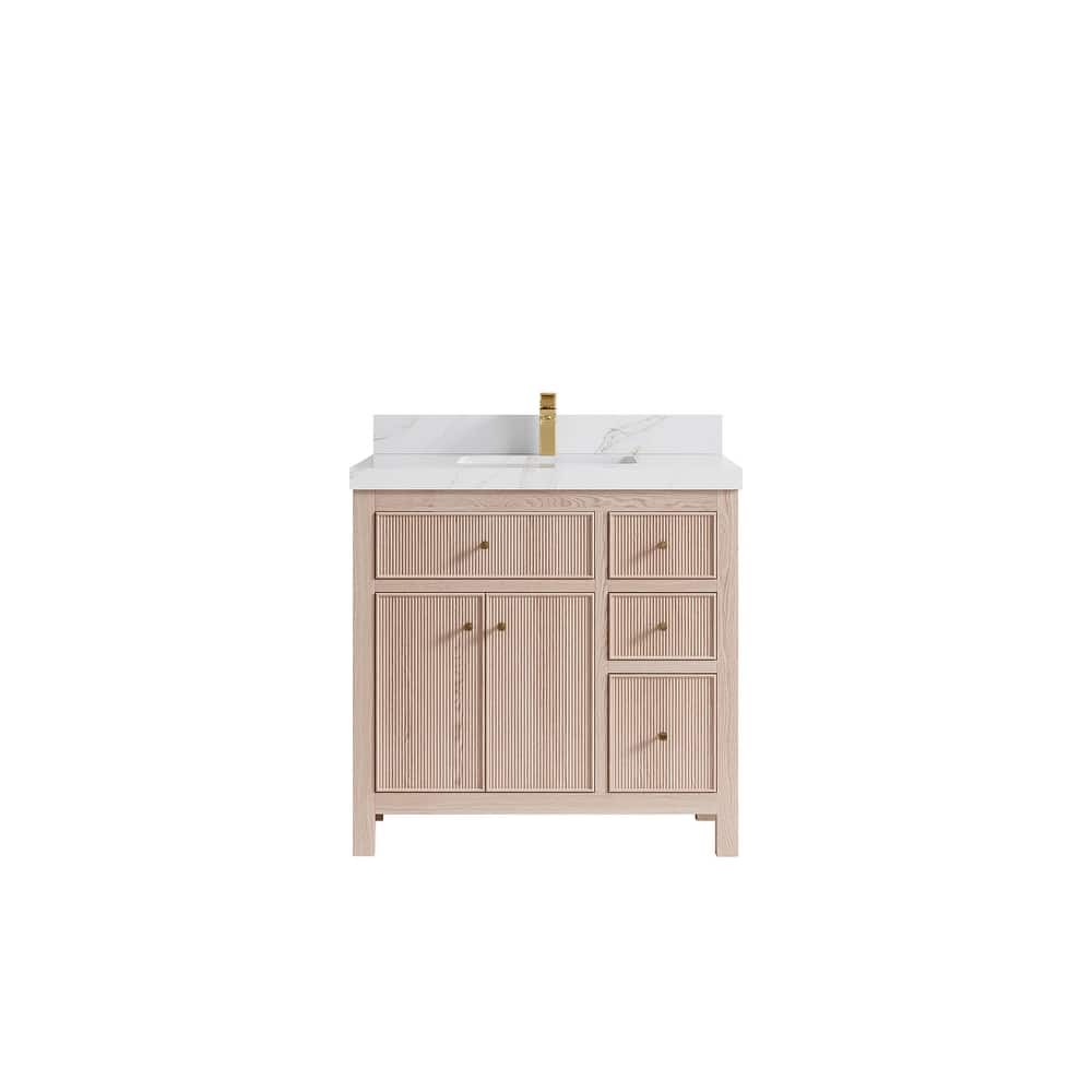 Willow Collections 36 x 22 Sonoma Oak Wood Center Sink Left Bathroom Vanity with Quartz or Marble Countertop