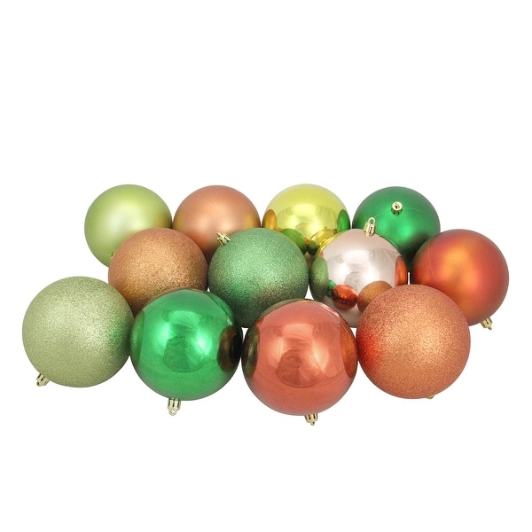 12ct Orange and Green Shatterproof 3-Finish Christmas Ball Ornaments 4" (100mm). Opens flyout.