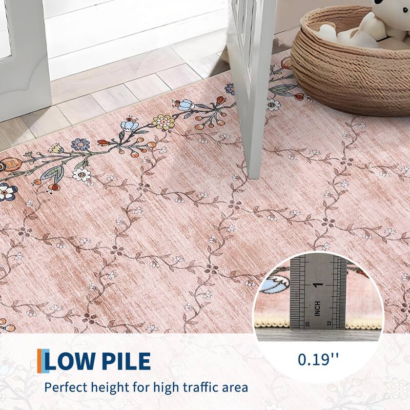 Floral Area Rugs for Living Room Low Pile Non Slip Rugs Washable Soft Foldable Accent Carpet Home Decor