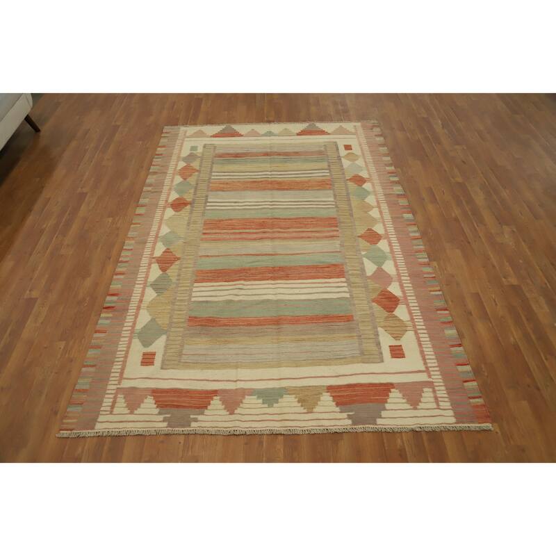 Hand Woven Oriental 100% Wool Carpet Southwestern Tribal Multi-Colored Kilim Area Rug - 8' 11'' X 6' 0''