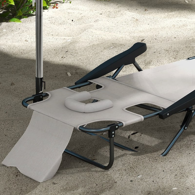 Outsunny Outdoor Chaise Lounge Chair with 4-level Reclining Back, Outdoor Tanning Chair with Reading Hole