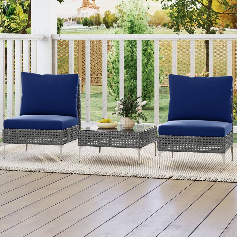 3 Piece Grey Rattan Conversation Chair Patio Set with Blue Cushions Metal Frame and Glass Table - Chair: 26" × 24" × 26"