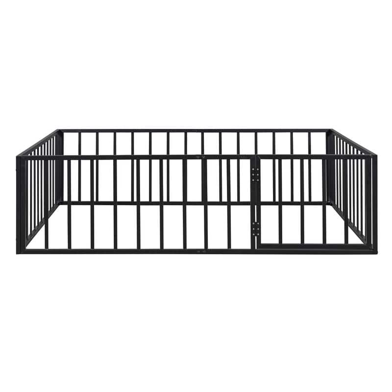 Twin/Full/Queen Size Floor Bed for Kids, Montessori Beds with Rails and Door, Metal Playhouse Bed Frame w/ Fence for Boys Girls