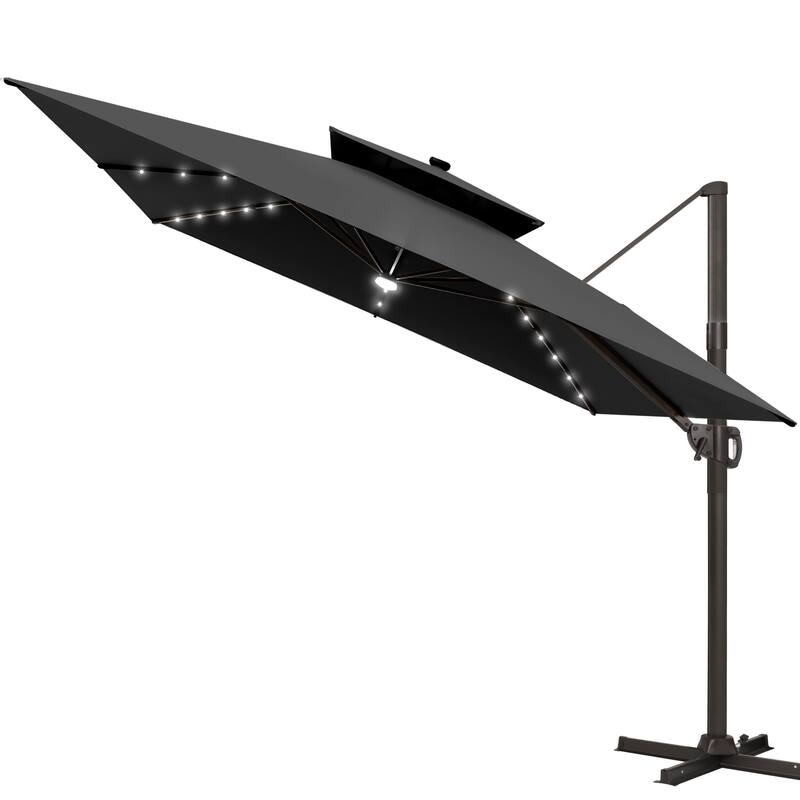 11 FT Square Outdoor Patio Cantilever Umbrella with Solar Lights Double Canopy 360 Rotation Tilt