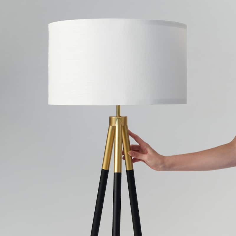 Brightech Levi 61 in. Antique Brass Mid-Century Modern LED Super Bright Floor Lamp with White Fabric Drum Shade