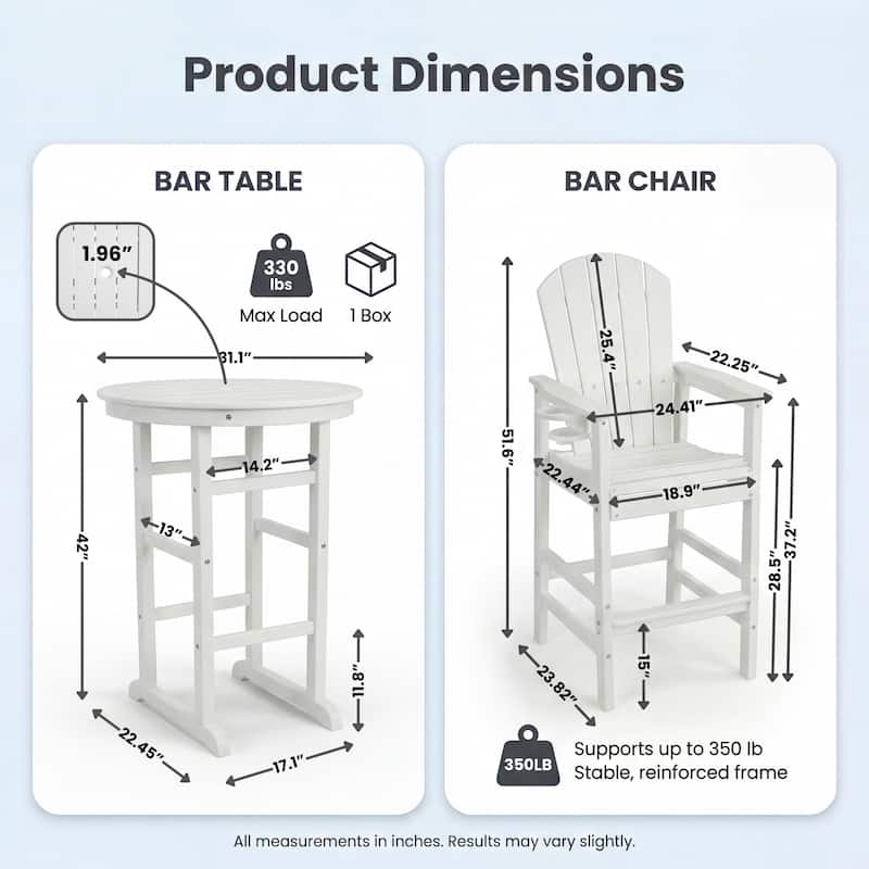 3-Piece HDPE Indoor/Outdoor Bar Set, 42.1" Round Bar Table with 2 Bar Stools, All-Weather Patio Bistro Set for Deck, Balcony