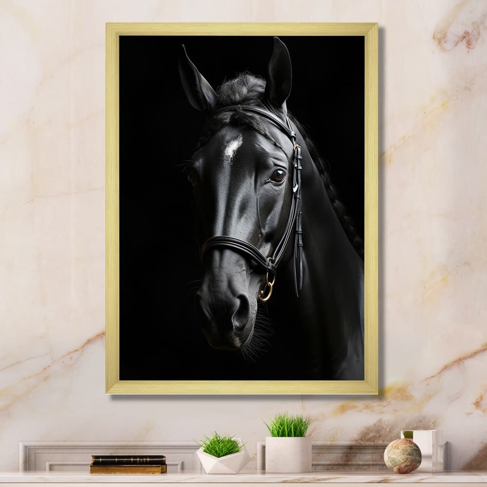 Designart "Black And White Horse Elegance" Animals Horse Framed Wall Decor