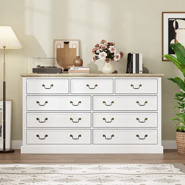Nine - drawer Chest Dresser: White Finish with a Rustic - wood Top