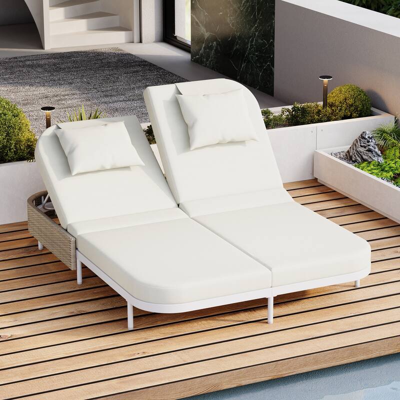 Outdoor Daybed, Patio Rattan Daybed, with 5-Position Adjustable Backrest and Removable Cushions & Pillows - Beige+White
