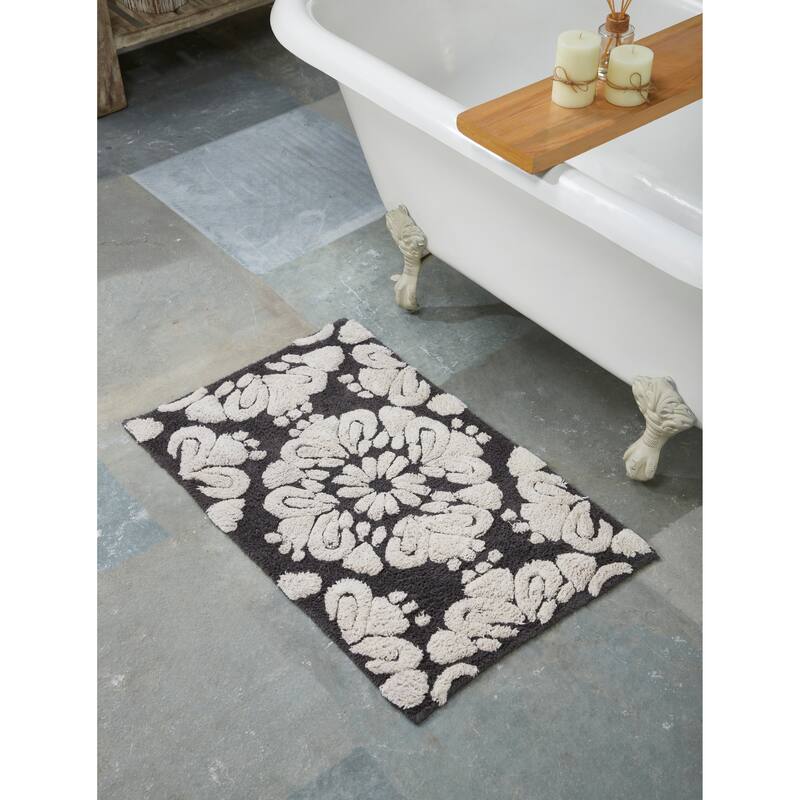Better Trends Medallion Collection 100% Cotton 4-Pc Set Bathroom Rugs-Soft & Super Absorbent, Non-Skid Latex, Machine Washable - 4 Piece Set 17"x24" | 20"x20" | 21"x34" | 24"x40" - Charcoal & Natural