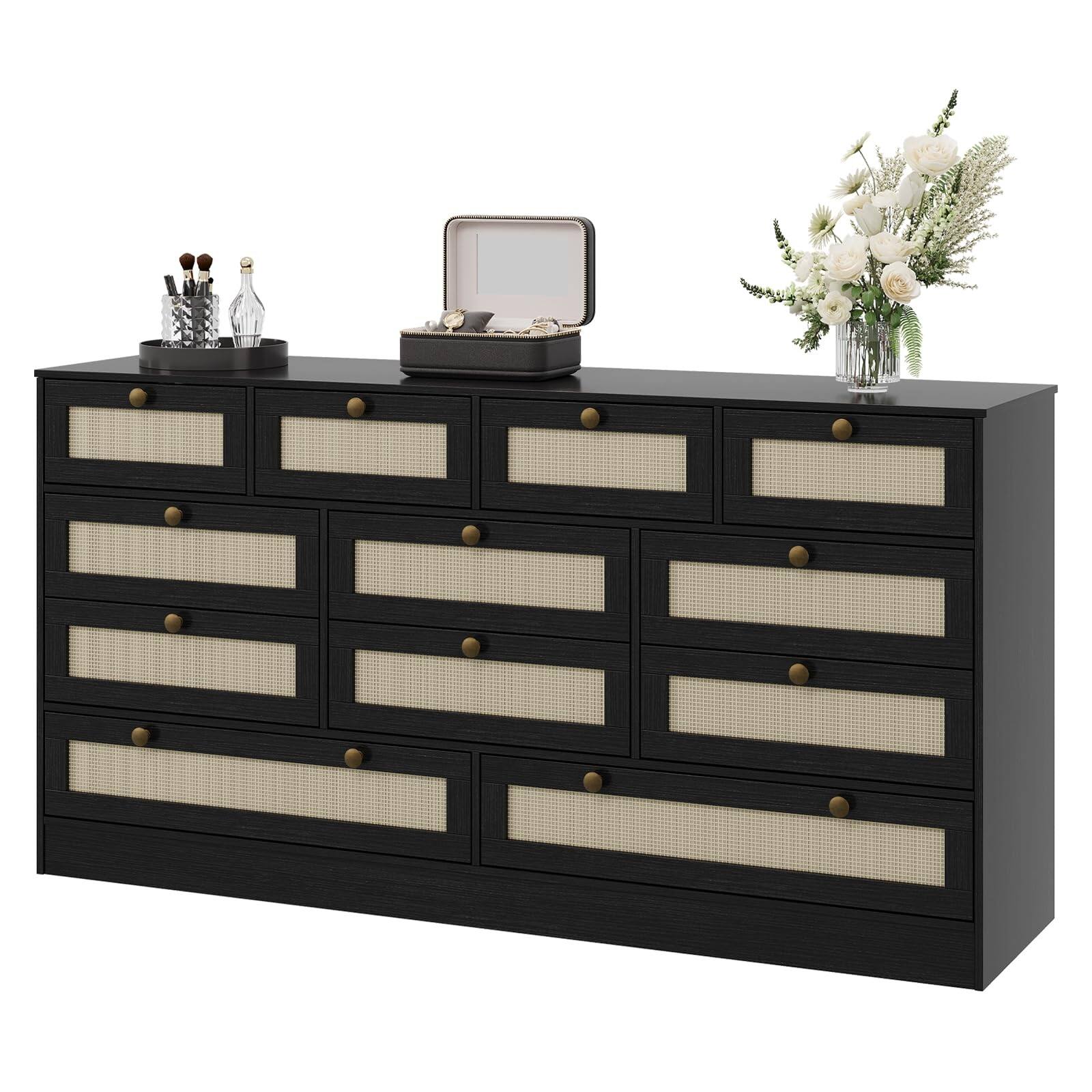 12 Drawer Wooden Dresser, 61" Wide Chest of Drawers, Modern TV Stand for 65" TV & Storage Organizer