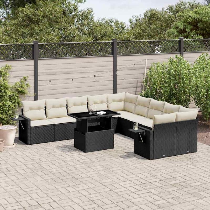 vidaXL Patio Sofa Set with Cushions Outdoor Furniture 11 Piece Poly Rattan - 24.4 x 24.4 x 27.2 - Black and Cream
