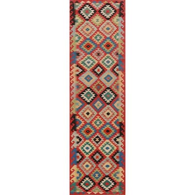 Hand Woven Oriental 100% Wool Carpet Southwestern All-Over Oranges & Rust Kilim Runner Rug - 13' 1'' X 2' 6''
