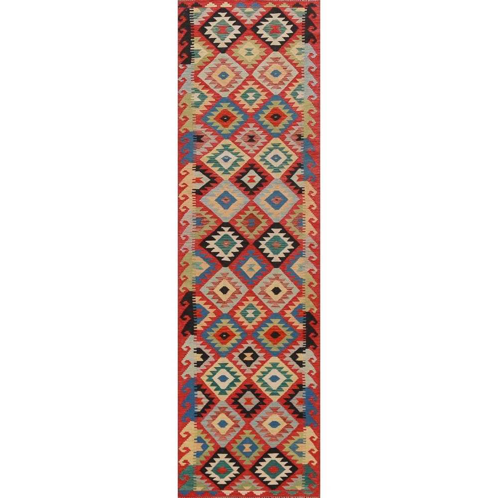 Hand Woven Oriental 100% Wool Carpet Southwestern All-Over Oranges & Rust Kilim Runner Rug - 13' 1'' X 2' 6''
