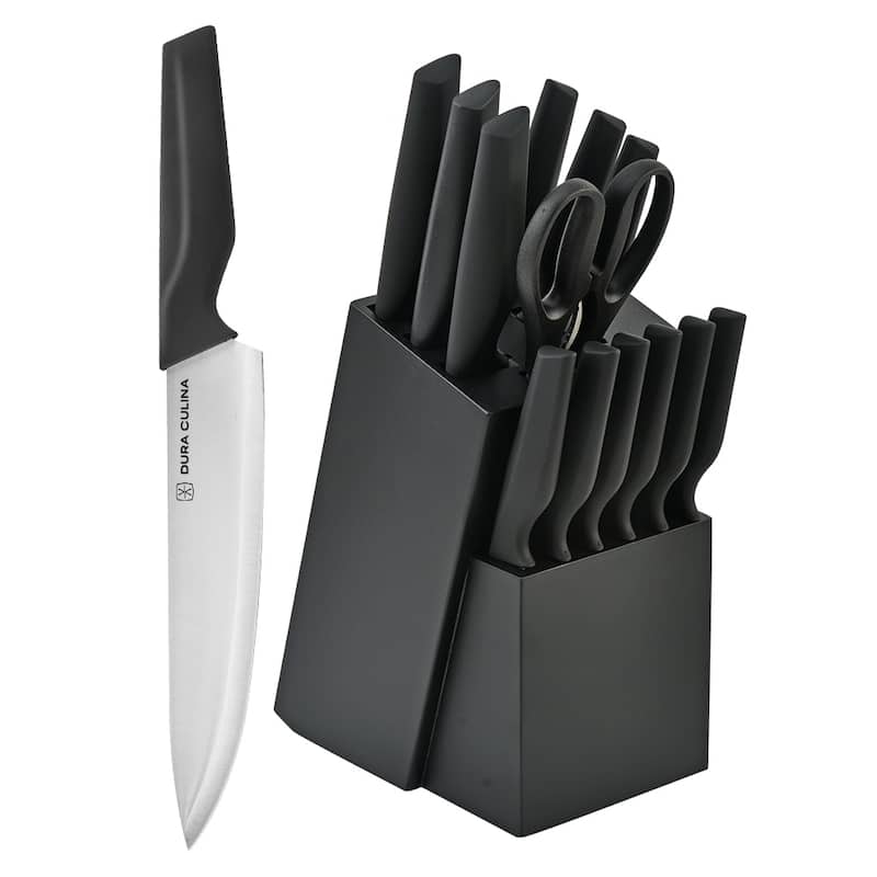 14-Piece Knife Block Set - High Carbon Stainless Steel Kitchen Knives Built-In Sharpener, Black Wood Storage Block - 14 Piece
