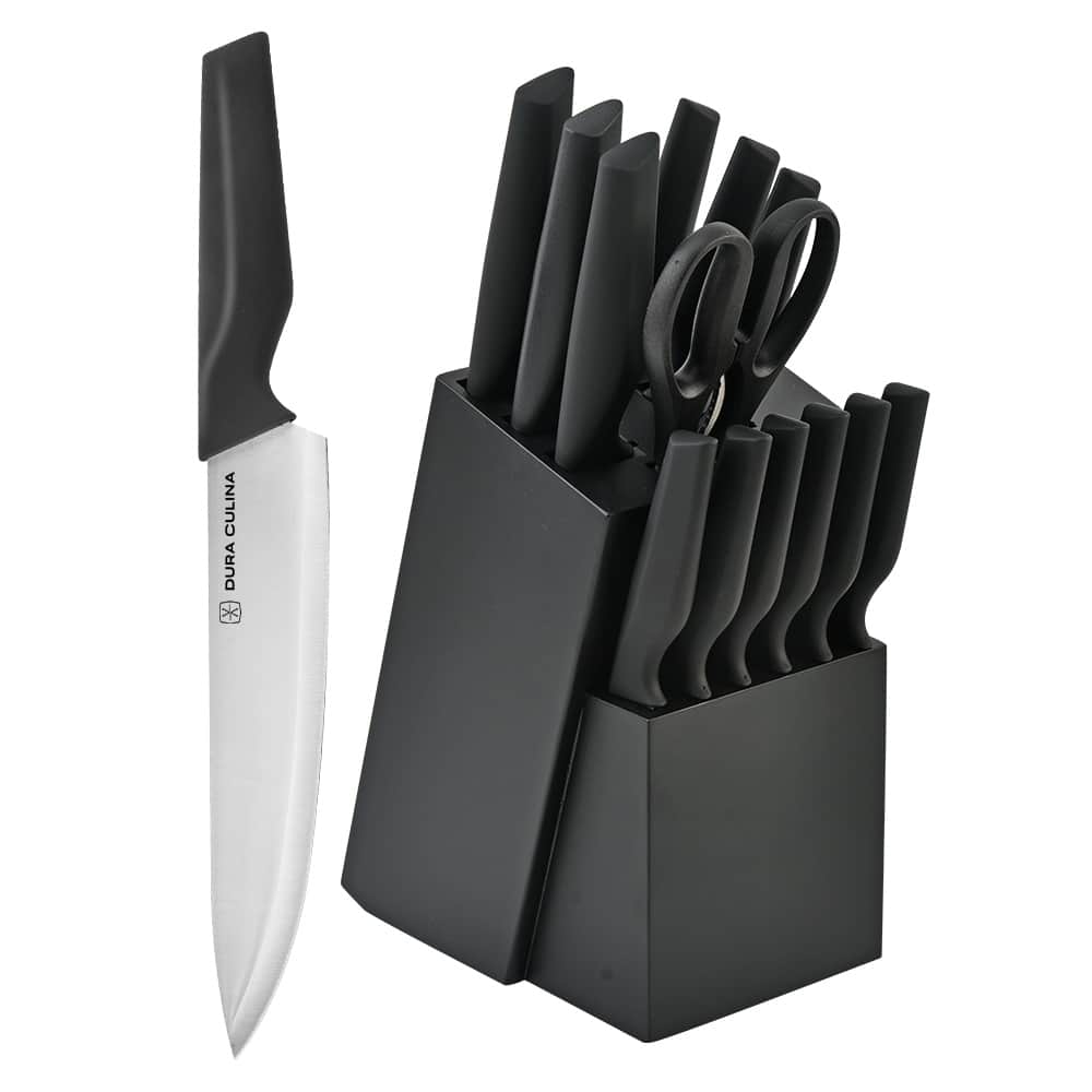 14-Piece Knife Block Set - High Carbon Stainless Steel Kitchen Knives Built-In Sharpener, Black Wood Storage Block