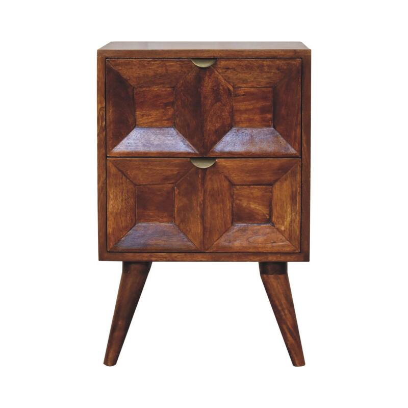 HomeRoots 24" Chestnut Solid Wood Square Carved Geometric Two Drawer Nightstand
