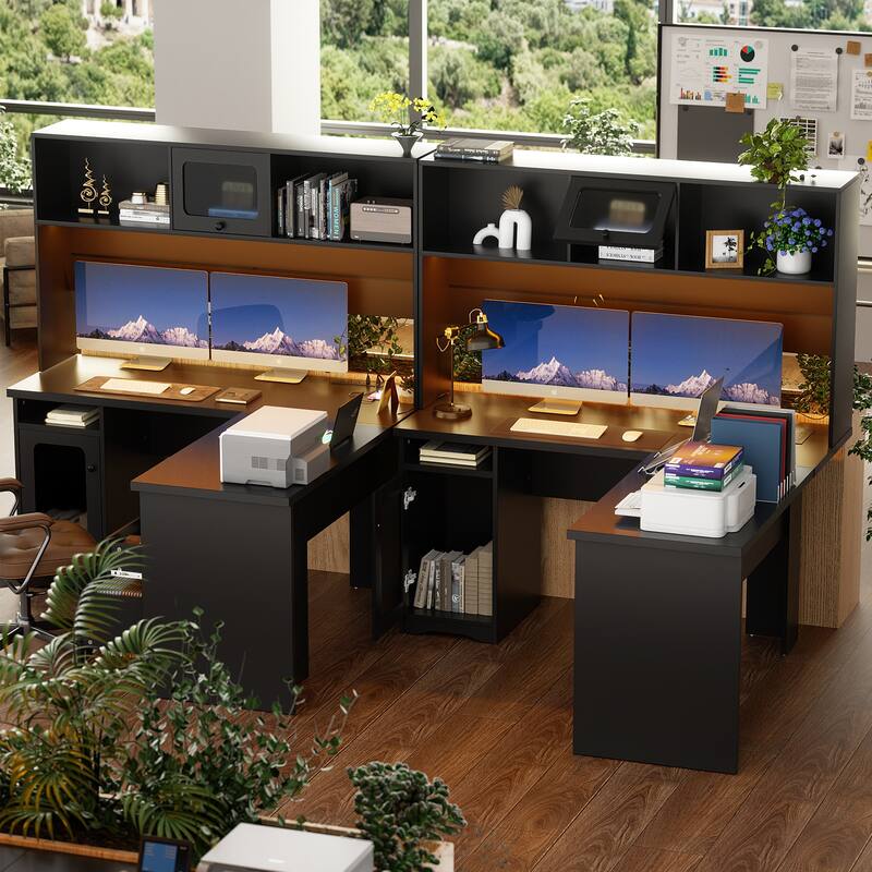 L Shaped Desk with File Cabinet and Hutch, Home Office Corner Computer Desk with Drawers and Charge Station