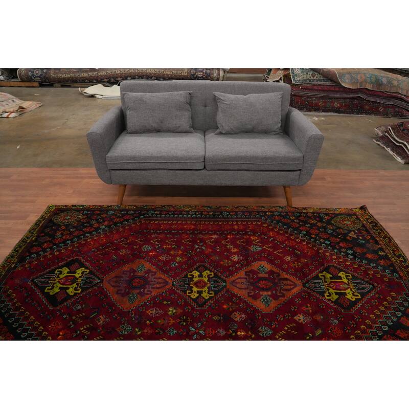 Hand Knotted Oriental 100% Wool Carpet Traditional Tribal Red Shiraz Area Rug - 8' 3'' X 5' 4''