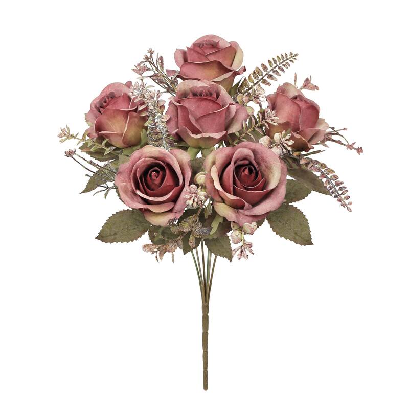 Set of 2 Dusty Burgundy Artificial Rose Flower Stem Bush Bouquet 15in - 15" L x 8" W x 8" DP