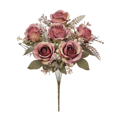 Set of 2 Dusty Burgundy Artificial Rose Flower Stem Bush Bouquet 15in - 15" L x 8" W x 8" DP