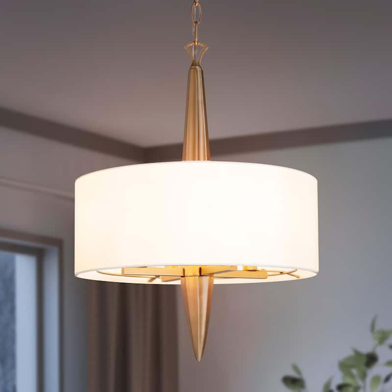 Mid-Century Modern 4-light Drum Brass Chandelier Fabric Shade Hanging Lights for Dining Room - D16" x H80"