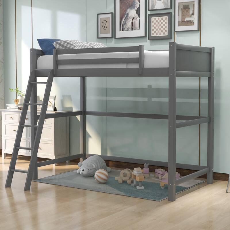 Modern Simple Style Twin Size Solid Pine Wood Loft Bed with Full Length Guardrail and Inclined Ladder - Grey