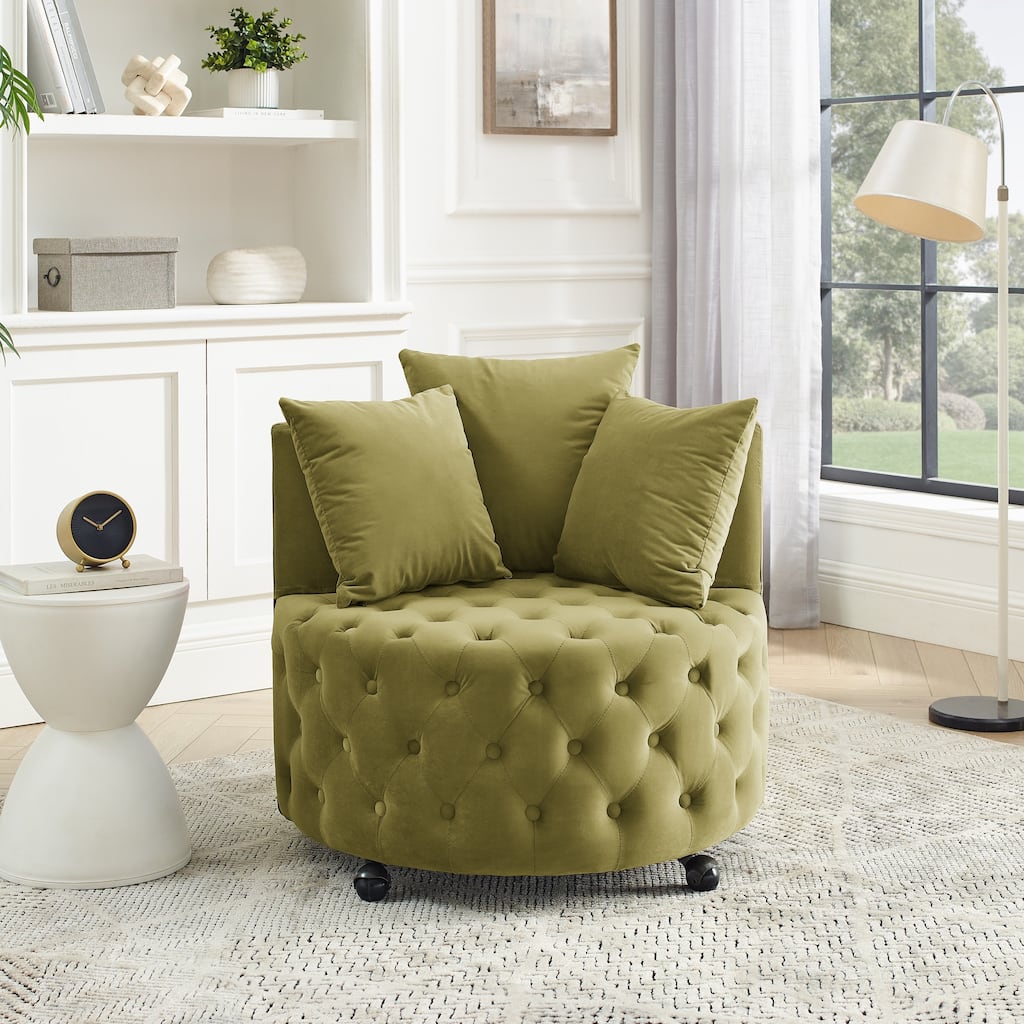 Velvet Upholstered Swivel Chair with Button Tufted Design and Movable Wheels