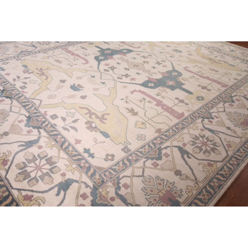 All-Over Ivory Oushak Indian Large Area Rug Handmade Wool Carpet - 12'0" x 14'10"