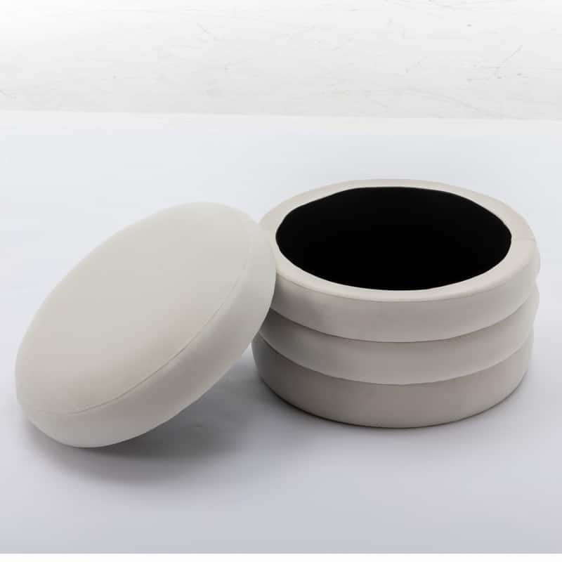 Velvet Fabric Storage Round Ottoman Footstool With Wooden Shelving