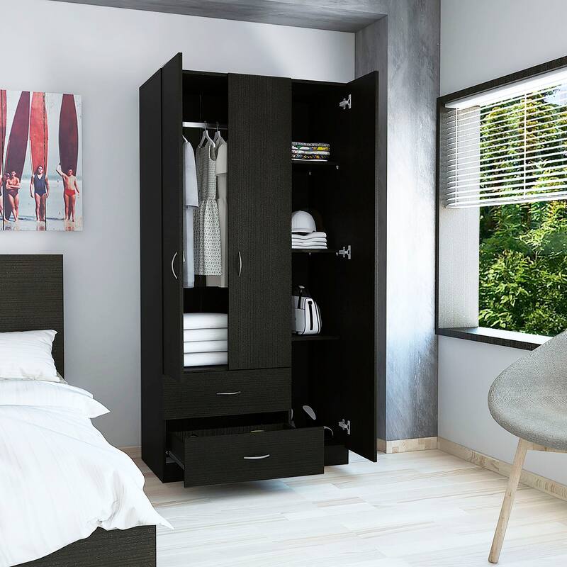 35.4" Modern Three-door Armoire with Hanging Rod, 5 Tall Spacious Shelves and Two Drawers