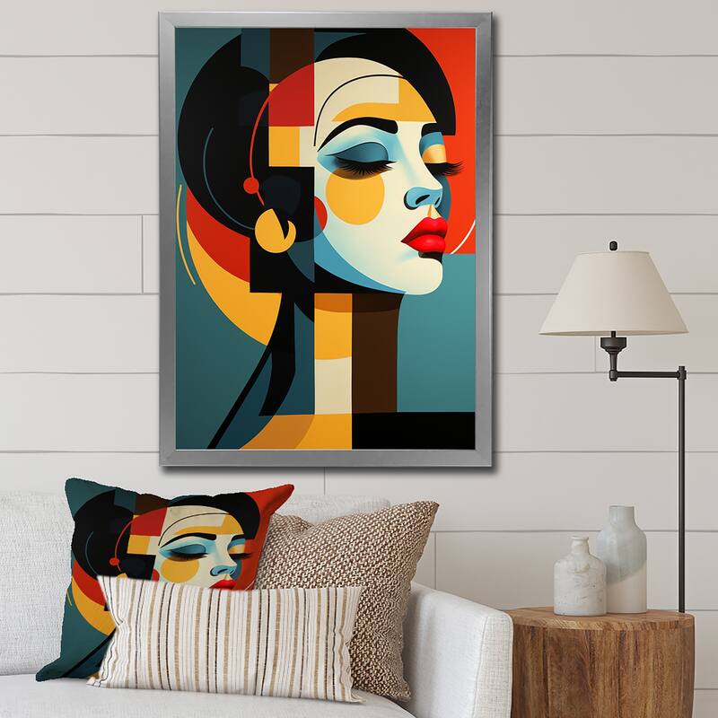 Designart "Geometric Art Deco Portrait Of Gracious Woman" Fashion Woman Framed Wall Art Prints - 16 in. wide x 32 in. high - Silver