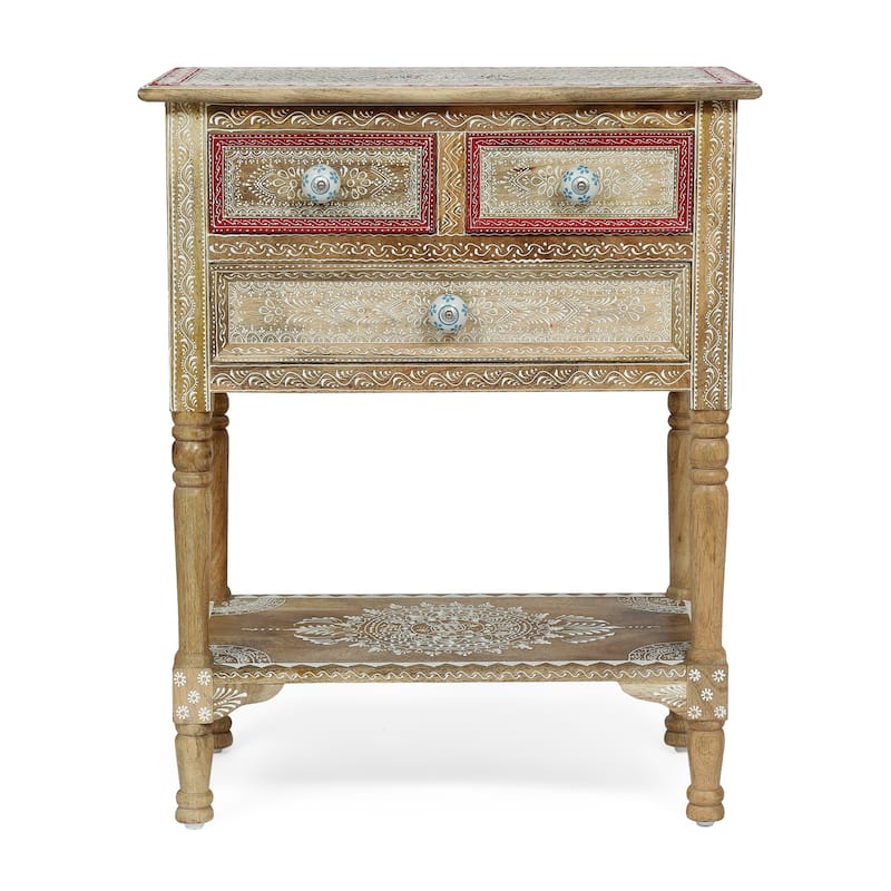 Handcrafted Farmhouse Mango Wooden 2 Drawer End Table Oriental Design - Unique, Durable & Stylish