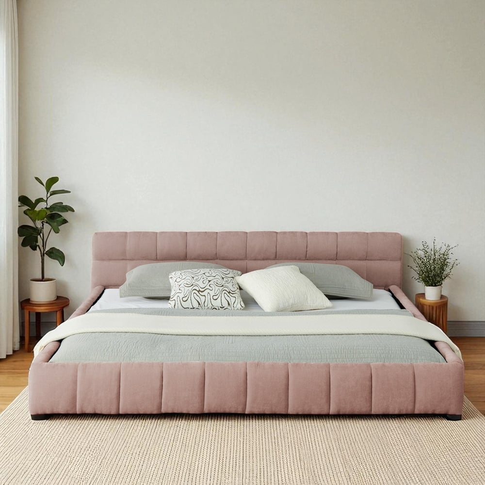 California King Upholstered Platform Bed, Thick Chenille, Low-Profile Headboard, No Box Spring, 90.5 x 80.5 x 31 in