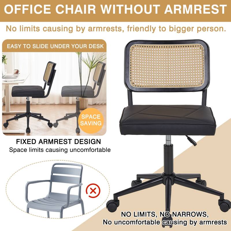 Javlergo Armless Home Office Desk Chair, Height Adjustable PU Leather Computer Task with 360° Swivel Rolling Wheels