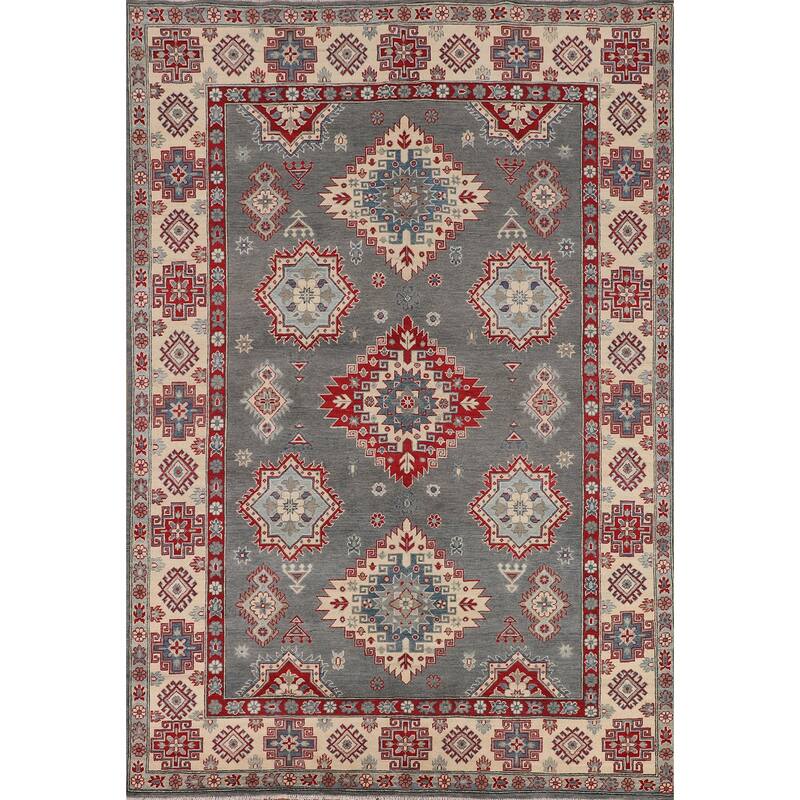 Hand Knotted Oriental 100% Wool Carpet Traditional Geometric Greys & Charcoal Kazak Area Rug - 9' 6'' X 6' 11''