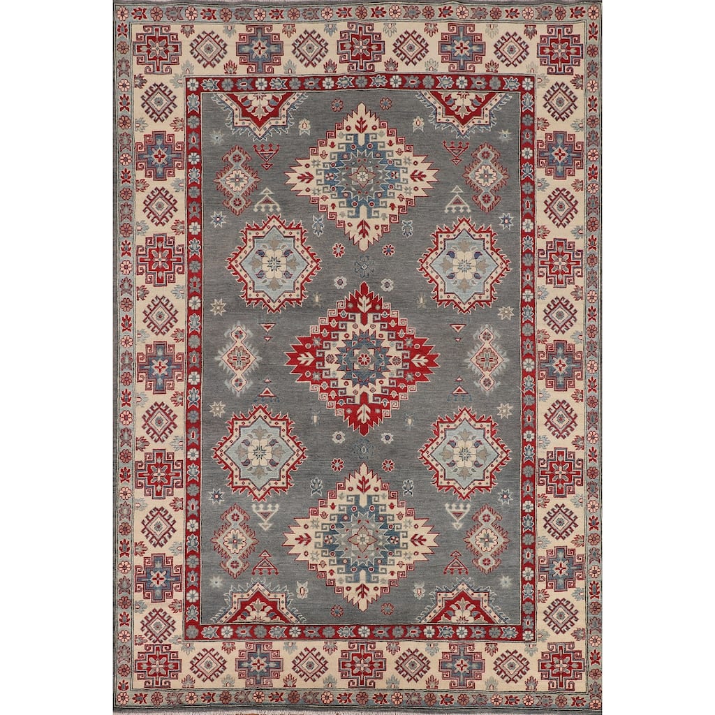 Hand Knotted Oriental 100% Wool Carpet Traditional Geometric Greys & Charcoal Kazak Area Rug - 9' 6'' X 6' 11''