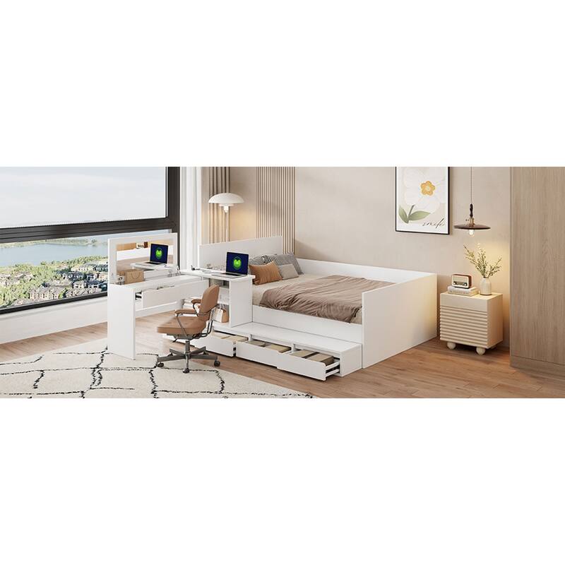 Roomfitters Full Platform Bed Frame with Integrated Vanity Desk, Underbed Storage Bins and Workstation, White