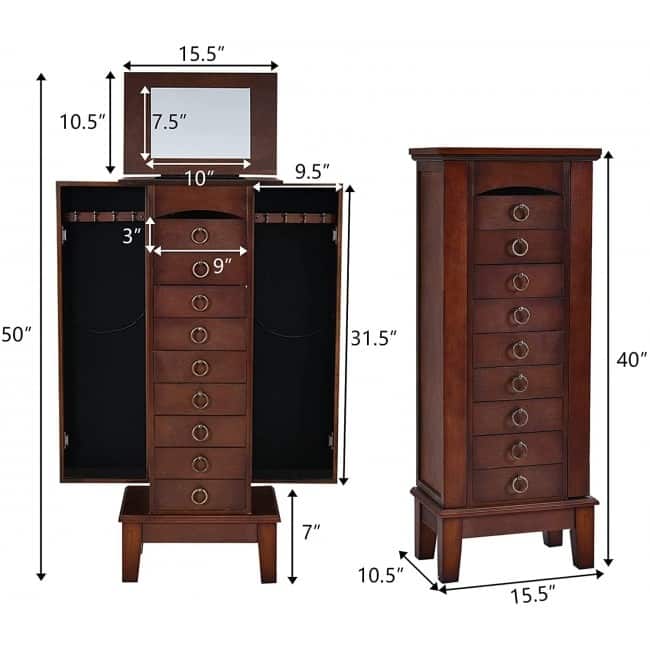 Wooden Jewelry Cabinet Storage Organizer with 6 Drawers - 10.5" x 15.8" x 40" (D x W x H)