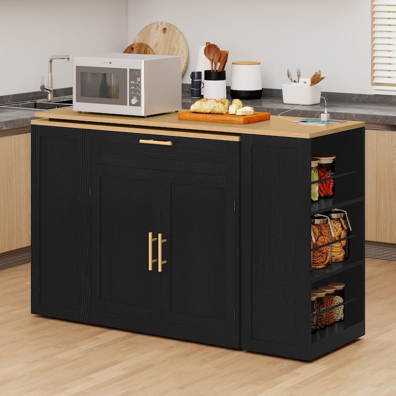 Moasis Rolling Kitchen Islands Cart with Extendable Dining Table and 2 Stool & Trash Cabinet
