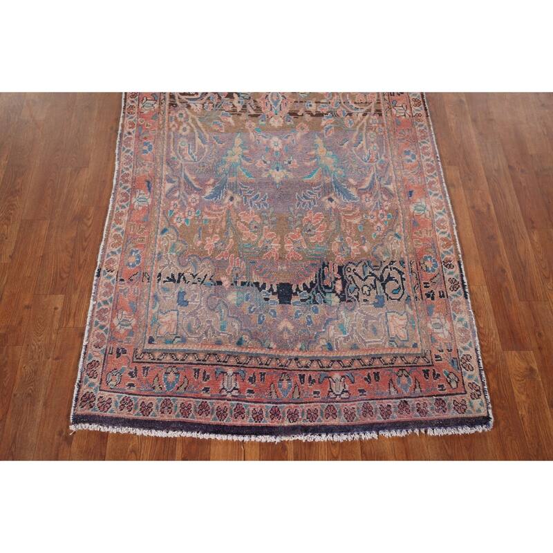 Distressed Mahal Persian Vintage Runner Rug Hand-Knotted Wool Carpet - 3'7" x 8'10"