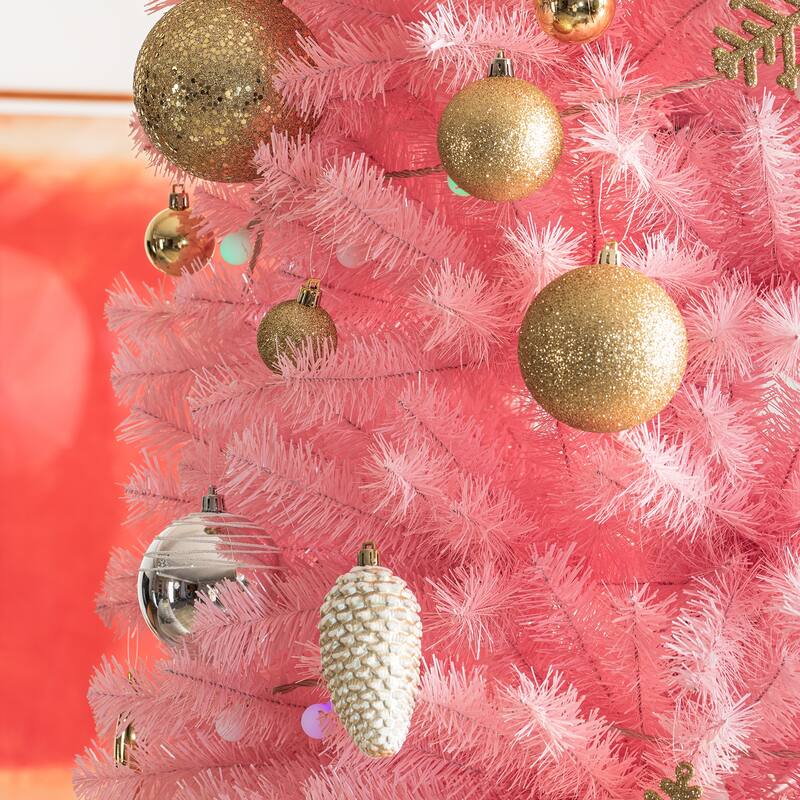 Glitzhome 7.5ft/9ft Shimmering Tinsel Pink Slim Pencil Fir Artificial Christmas Trees