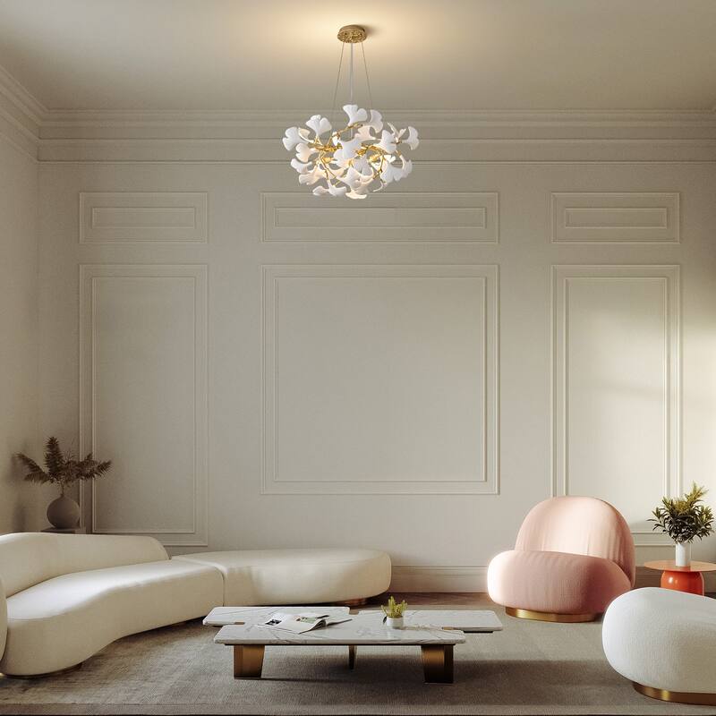 Modern Ginkgo Leaf Ceramic Chandelier, Moon Ring Round Pendant Light, D550-D1200, Gold Finish